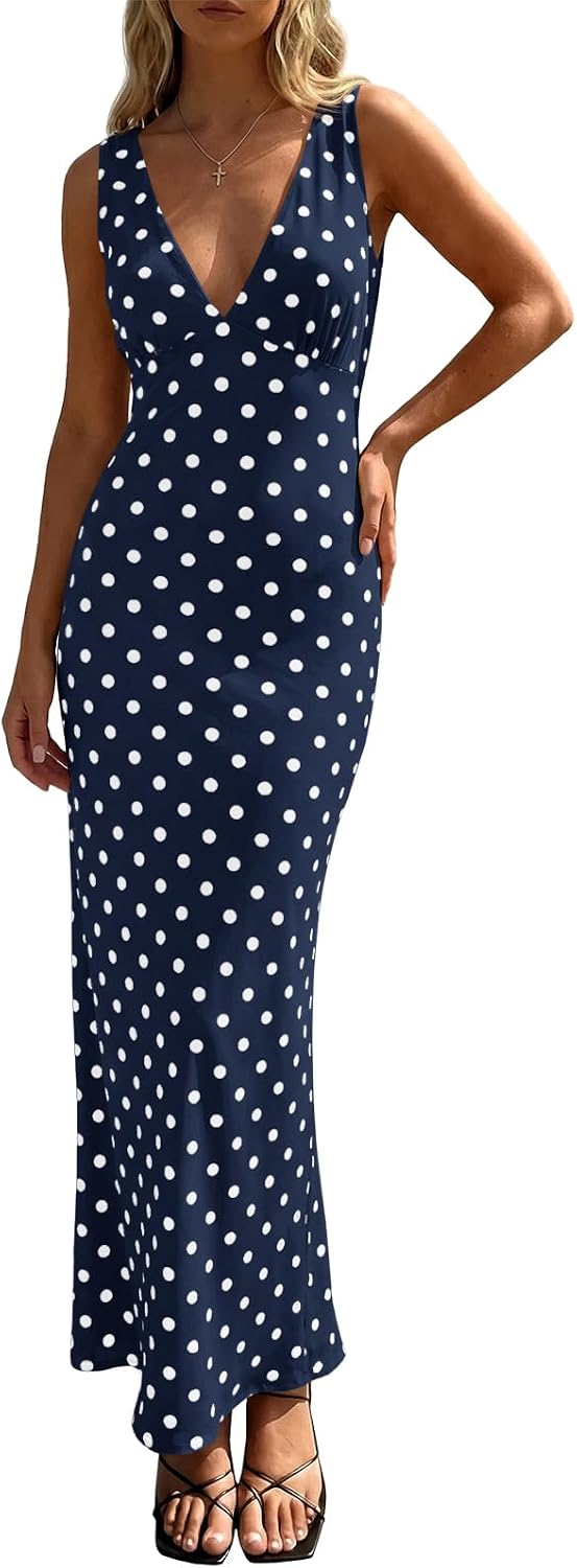 Polka Dot Mesh Deep V-Neck Backless Maxi Dress in Navy