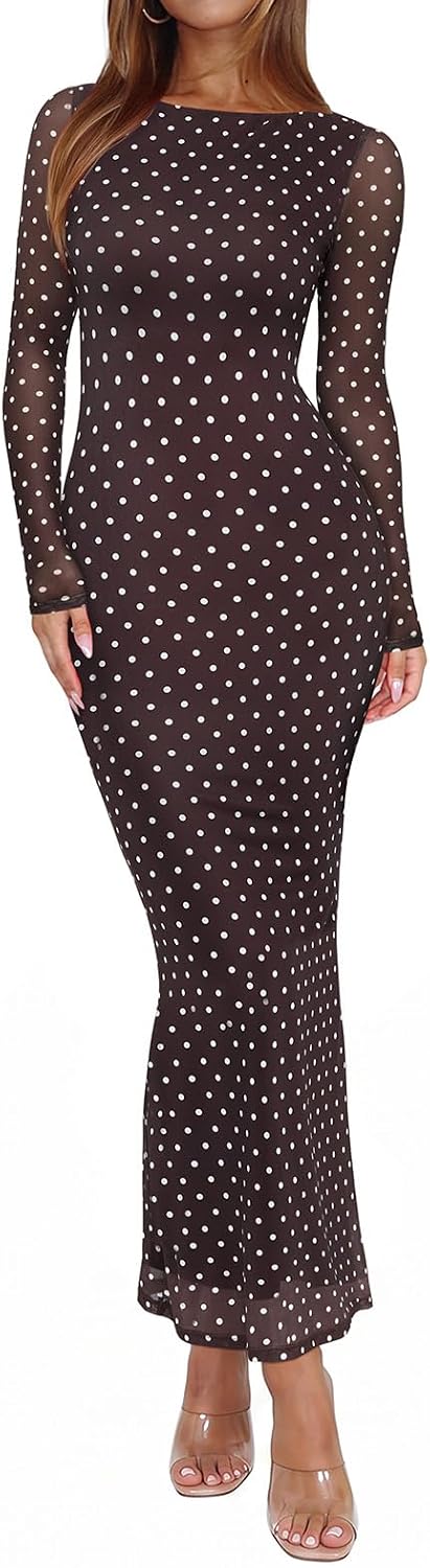 Sheer Mesh Long-Sleeve Floral Bodycon Maxi Dress in Cocoa White Polka