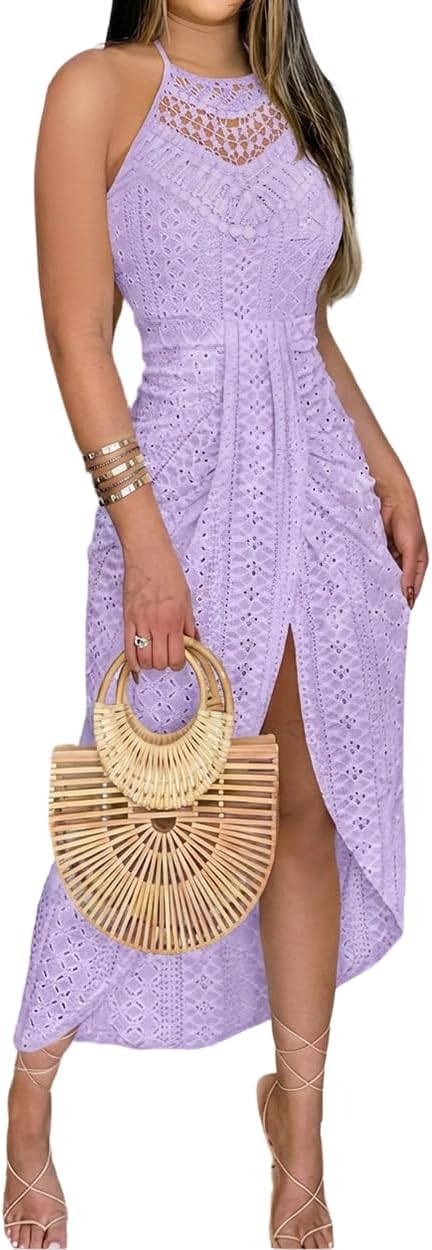 Eyelet Halter Cut-Out A-Line Dress in Purple