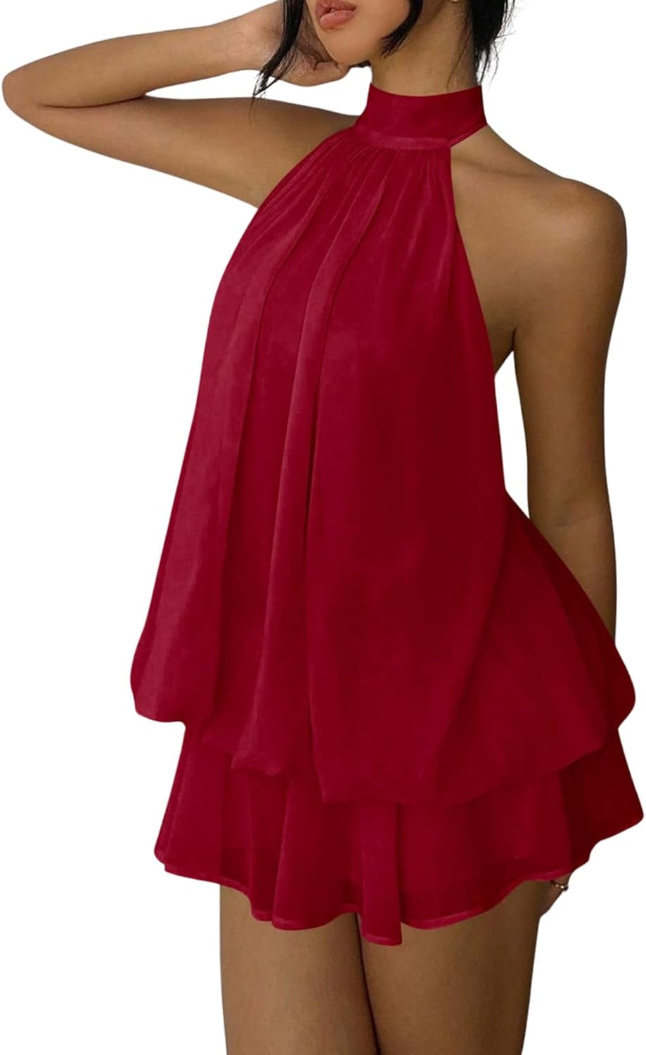Chiffon Halter Drop-Waist Ruffle-Hem Mini Dress in Burgundy