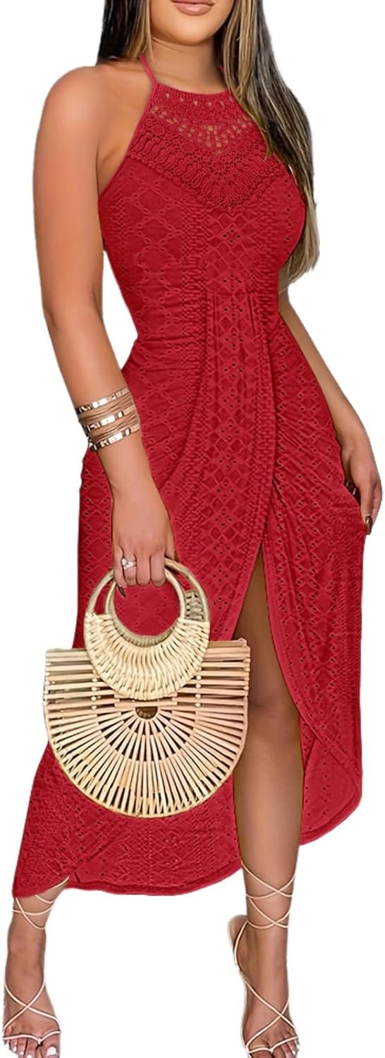 Eyelet Halter Cut-Out A-Line Dress in Red