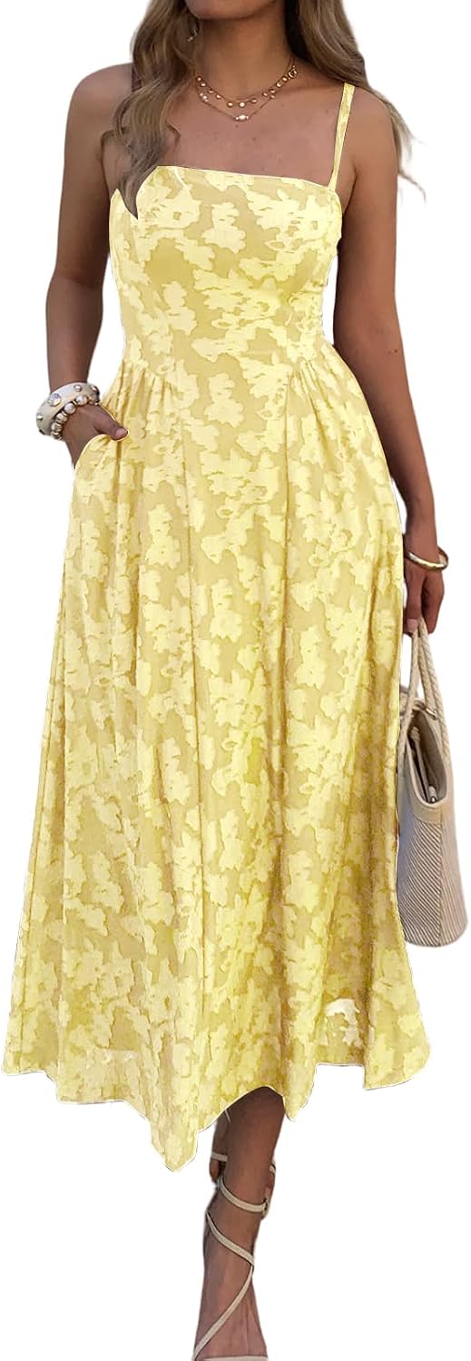 Floral Jacquard Square-Neck Maxi Dress in Yellow