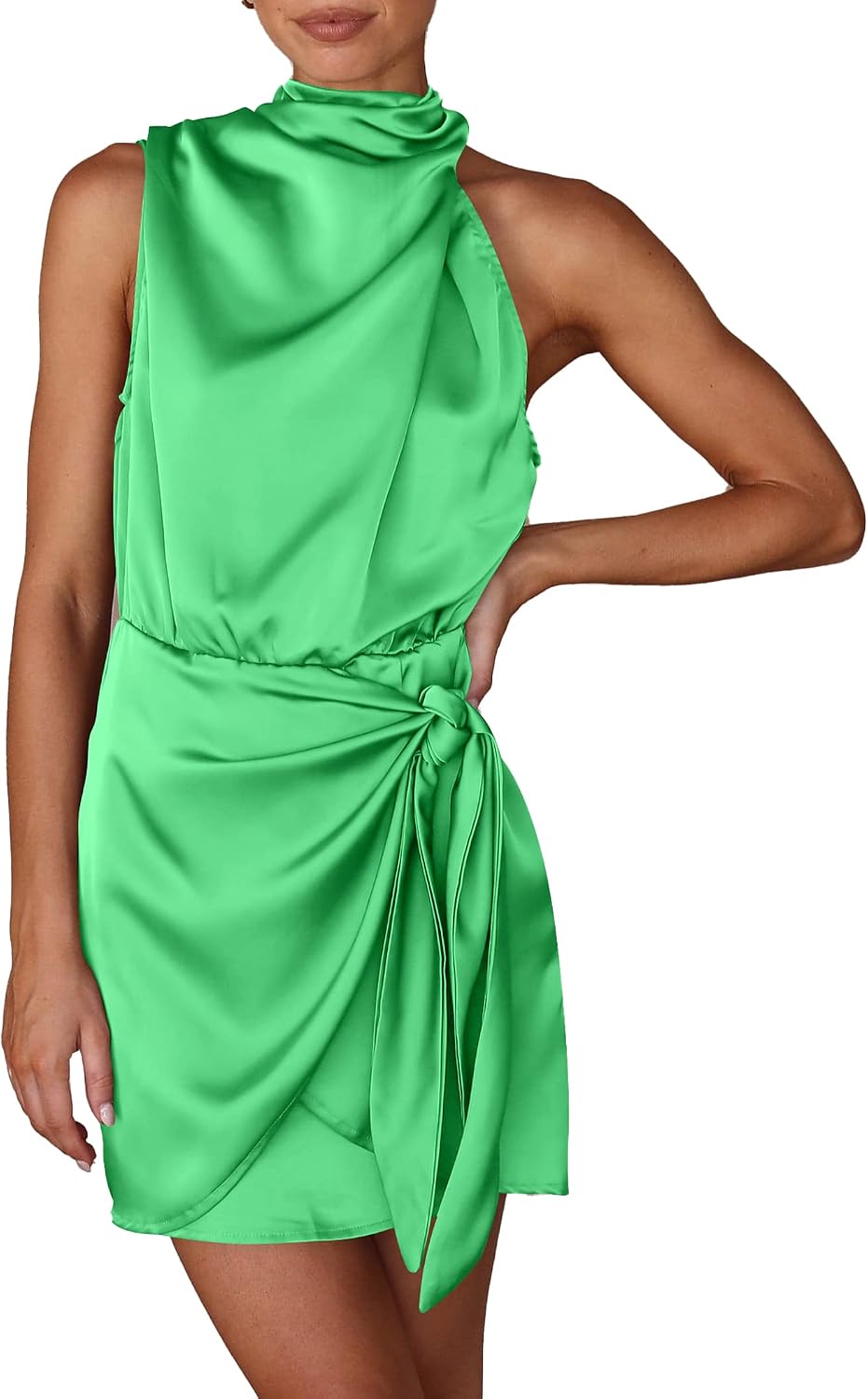 Satin Mock-Neck Asymmetric Ruched Cocktail Dress in Grass Green
