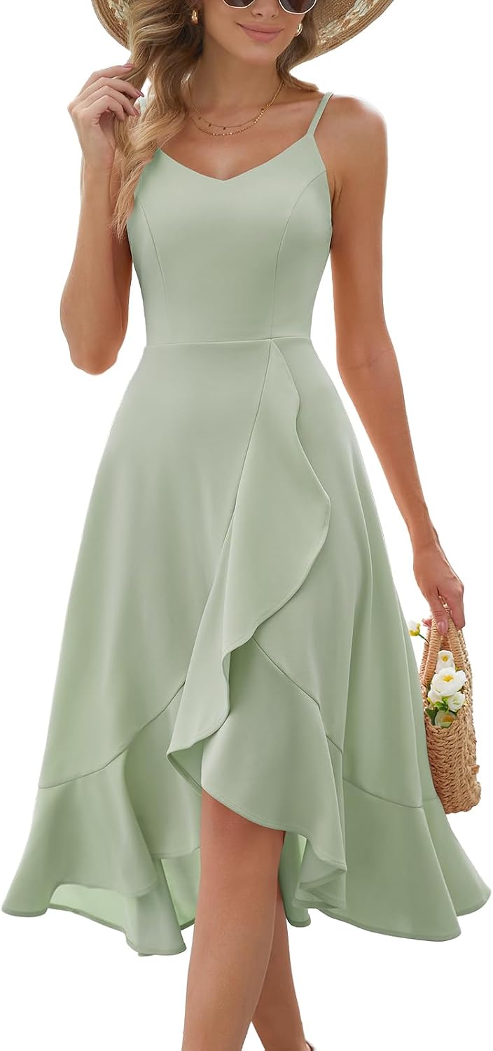 Ruffle High-Low Spaghetti Strap Cocktail Dress in Light Green