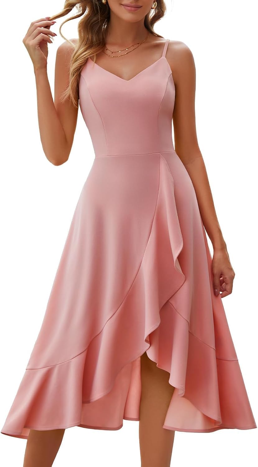 Ruffle High-Low Spaghetti Strap Cocktail Dress in Blush