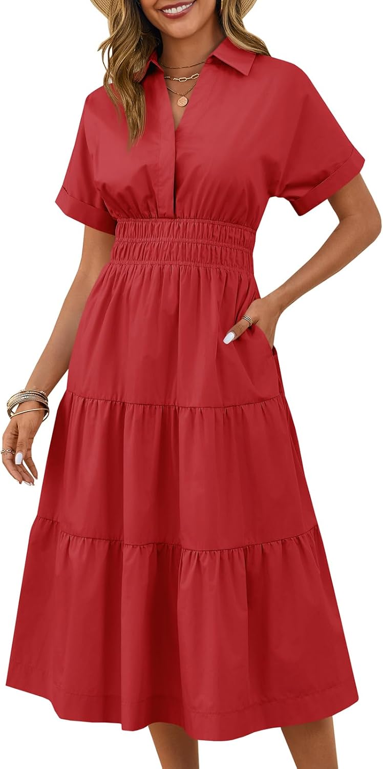 Collared Short-Sleeve Tiered Maxi Shirt Dress in Red