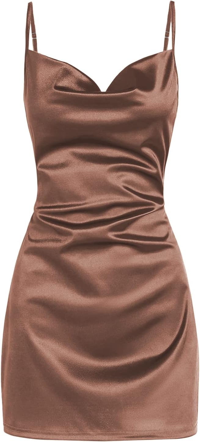 Satin Cowl-Neck Spaghetti Strap Slip Mini Dress in Brown