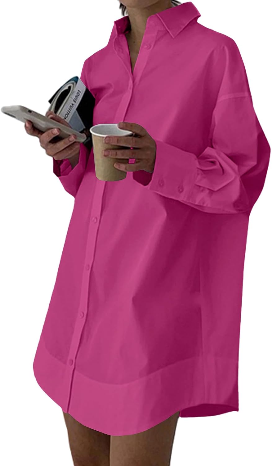 Collared V-Neck Long-Sleeve Button-Down Shirt Dress in Purplish Red