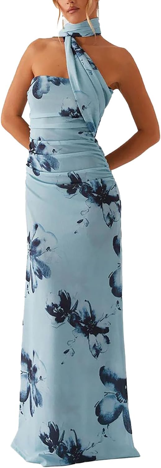 Floral Strapless Tube Maxi Dress with Scarf in Blue