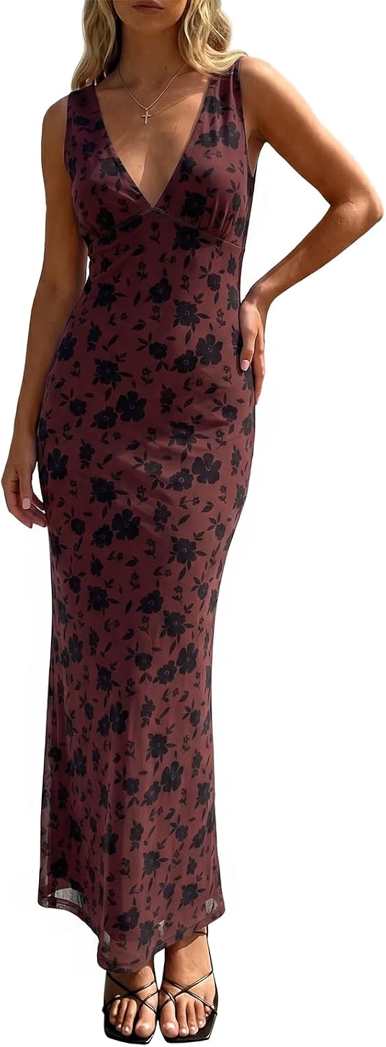 Polka Dot Mesh Deep V-Neck Backless Maxi Dress in Dark Brown