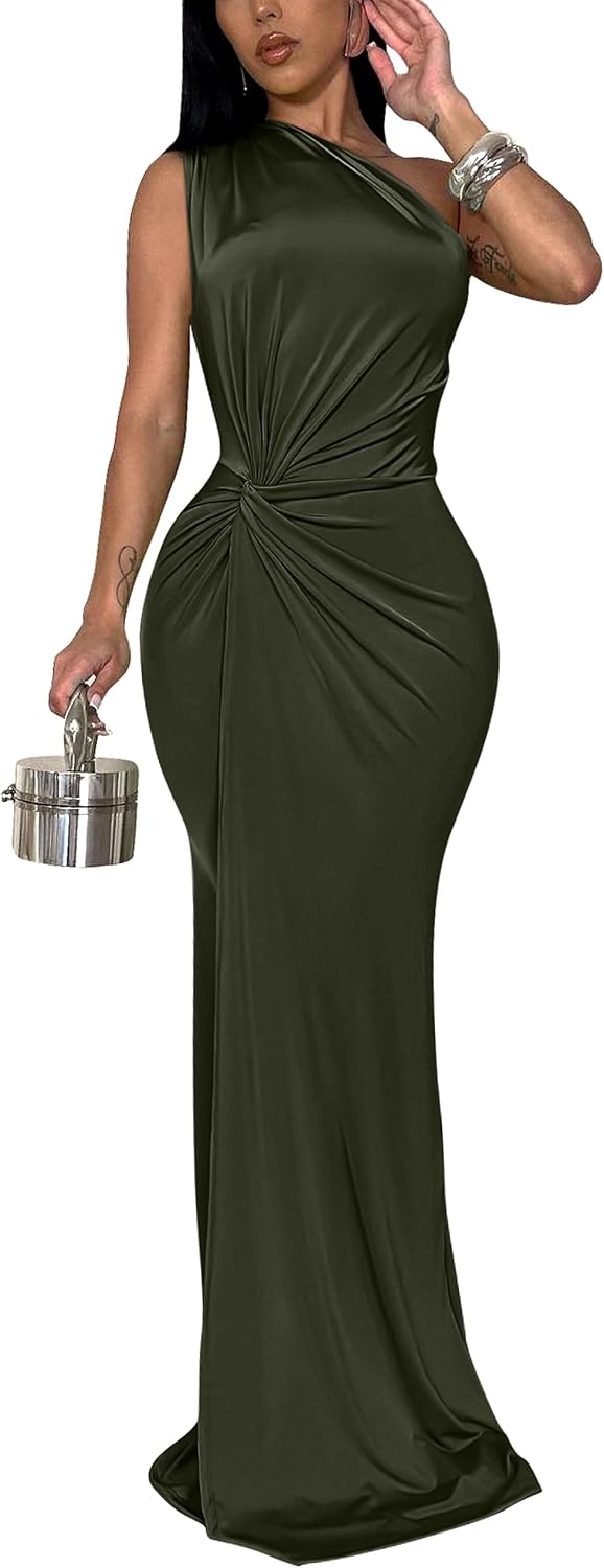 One-Shoulder Twist-Waist Sleeveless Maxi Dress in Army Green