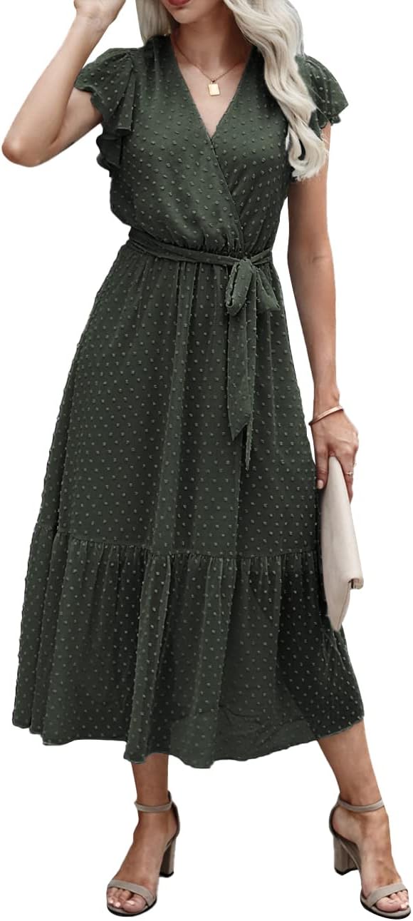 Swiss Dot Wrap V-Neck Belted Midi Dress in Swiss Dot Army Green