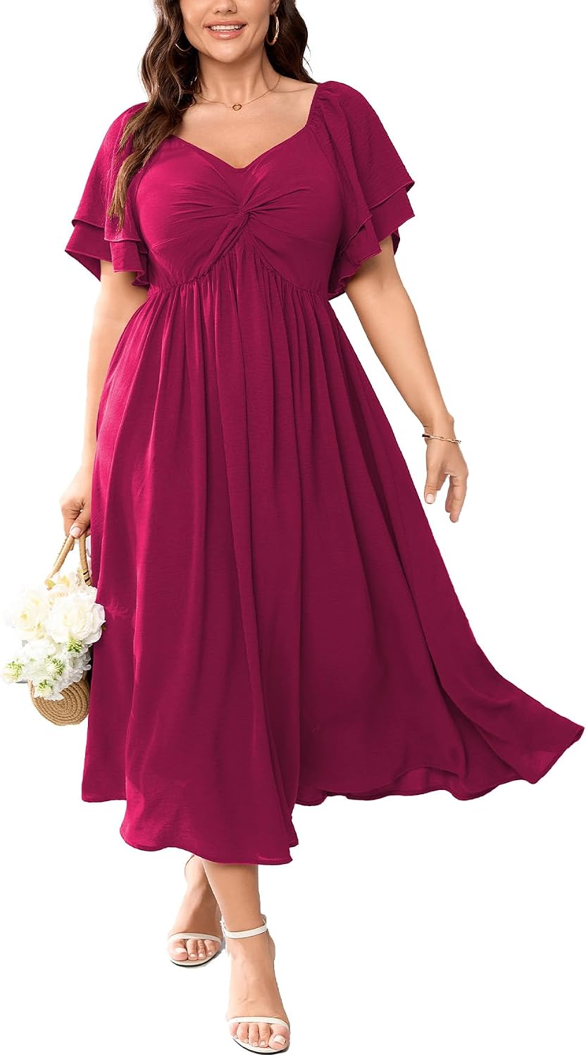 Plus Size Sweetheart Ruffle-Sleeve A-Line Maxi Dress in Hot Pink