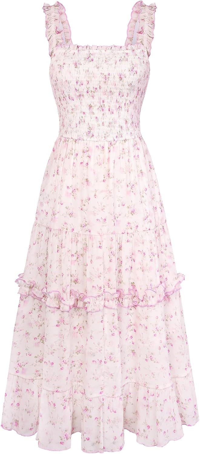 Floral Smocked Square-Neck Tiered Sundress in Pink White Floral