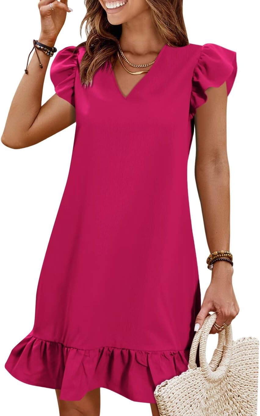 Flutter-Sleeve V-Neck Ruffle-Hem Mini Sundress in Hot Pink