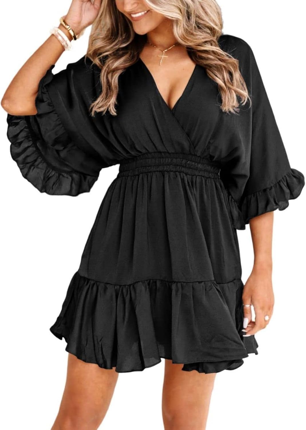 V-Neck Smocked-Waist Ruffle Mini Wrap Dress in Black