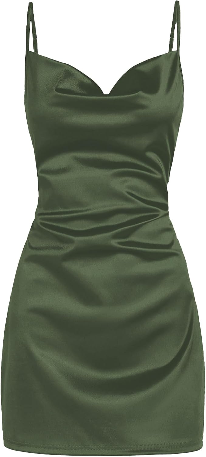 Satin Cowl-Neck Spaghetti Strap Slip Mini Dress in Army Green