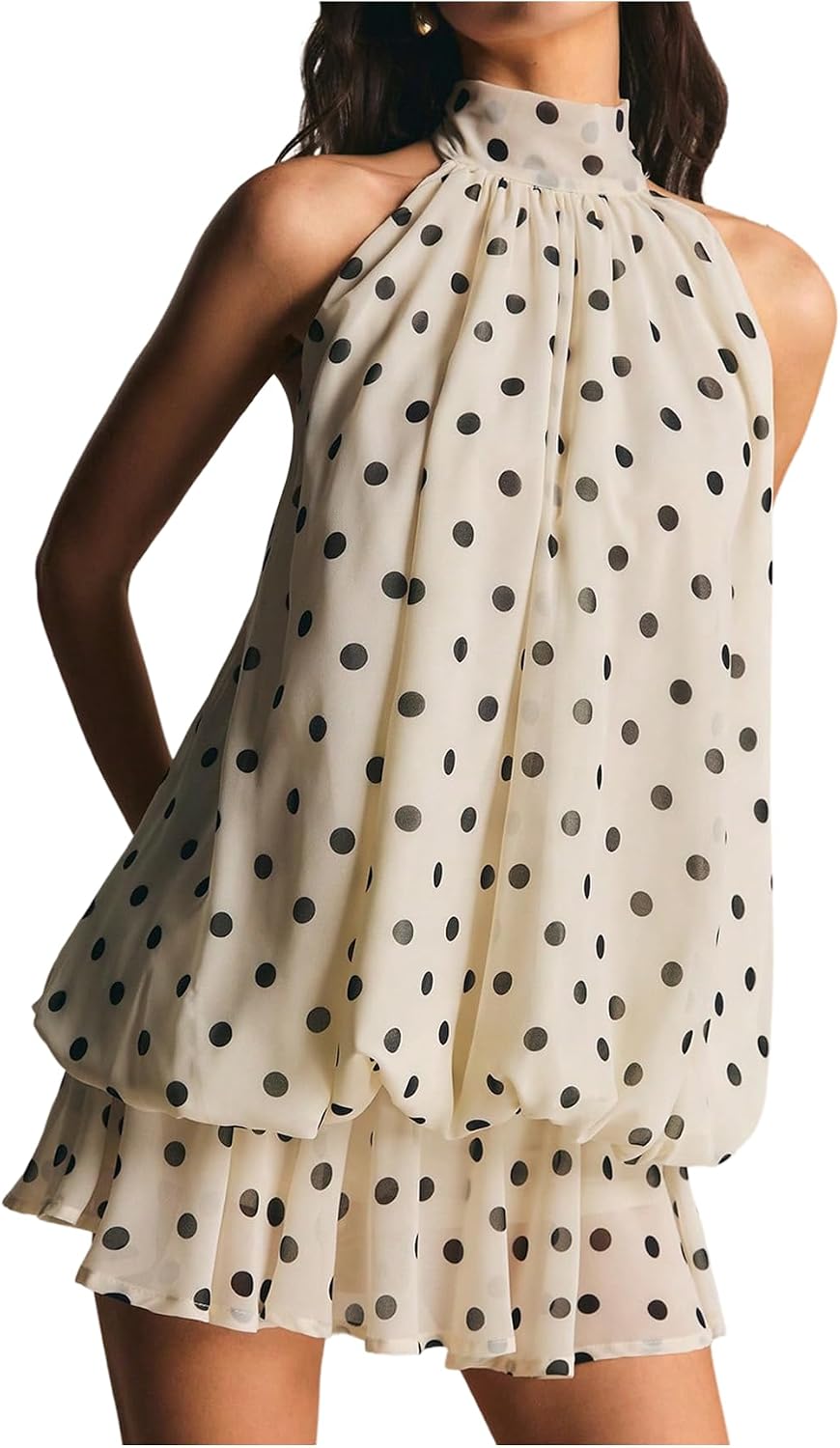 Plaid Halter Bubble-Hem Mini Dress in Black and White