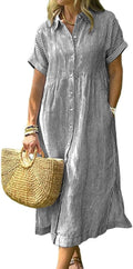 Striped Short-Sleeve Button-Down Midi Shirt Dress in Black