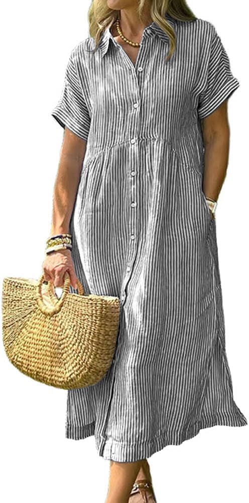 Striped Short-Sleeve Button-Down Midi Shirt Dress in Black