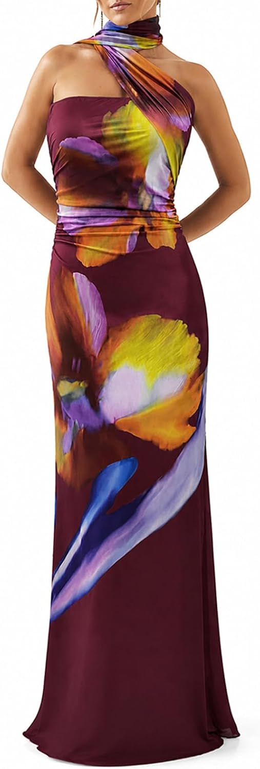 Floral Strapless Tube Maxi Dress with Scarf in Brown