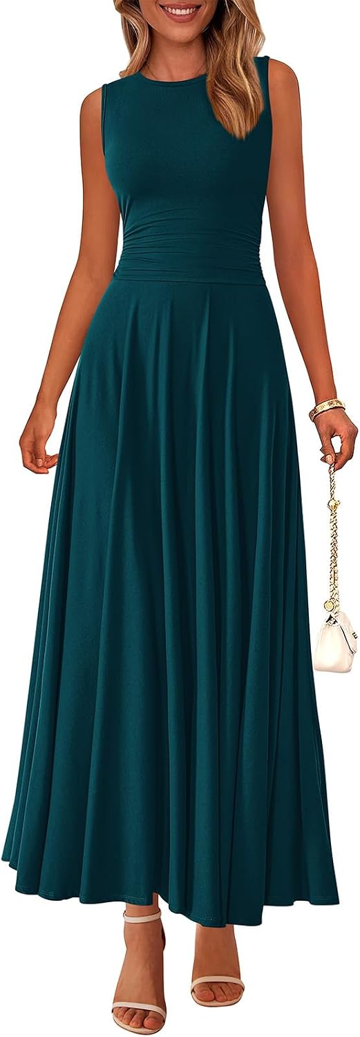 Rib Knit Crew-Neck Sleeveless A-Line Maxi Dress in Dark Blue