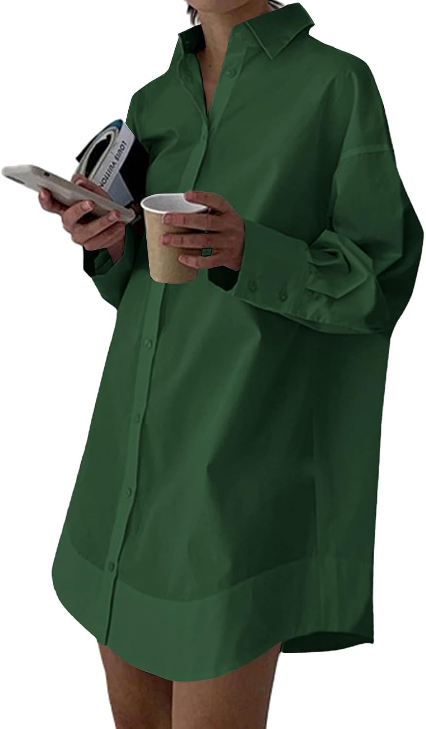 Collared V-Neck Long-Sleeve Button-Down Shirt Dress in Dark Green