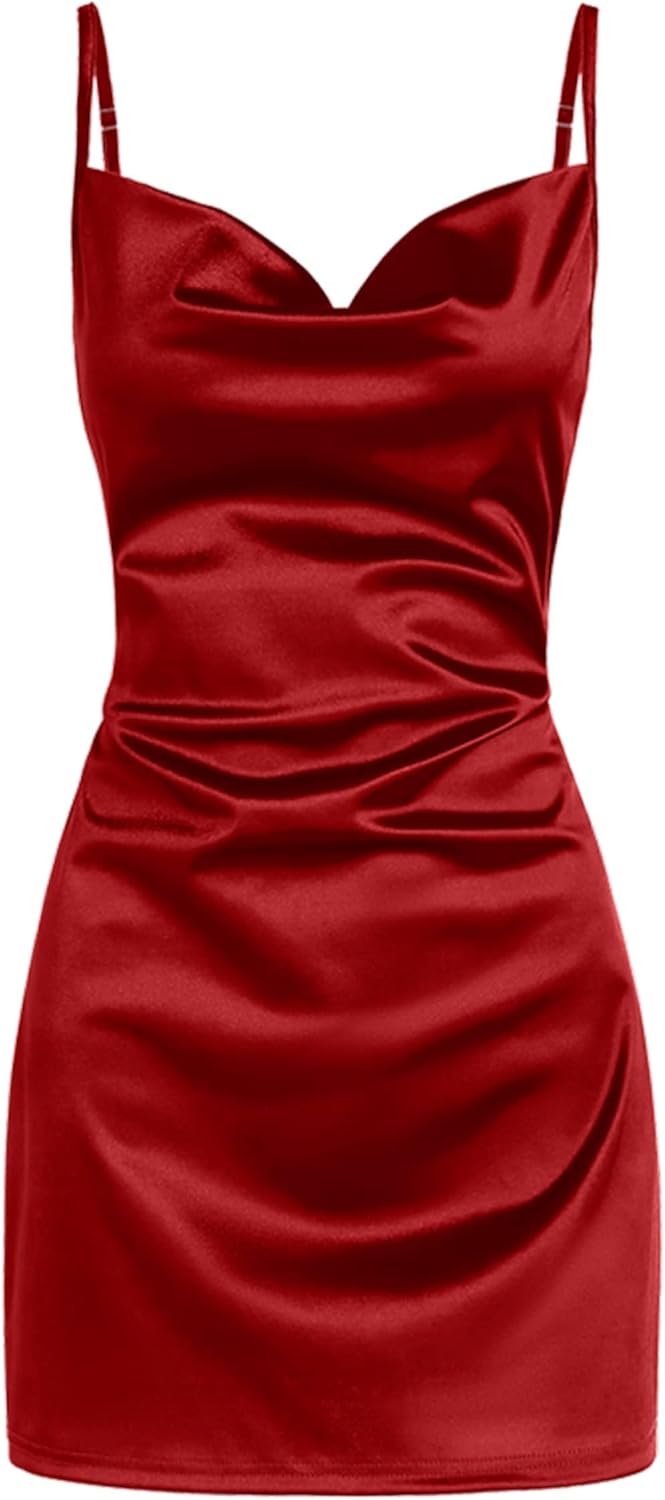 Satin Cowl-Neck Spaghetti Strap Slip Mini Dress in Red, second shade