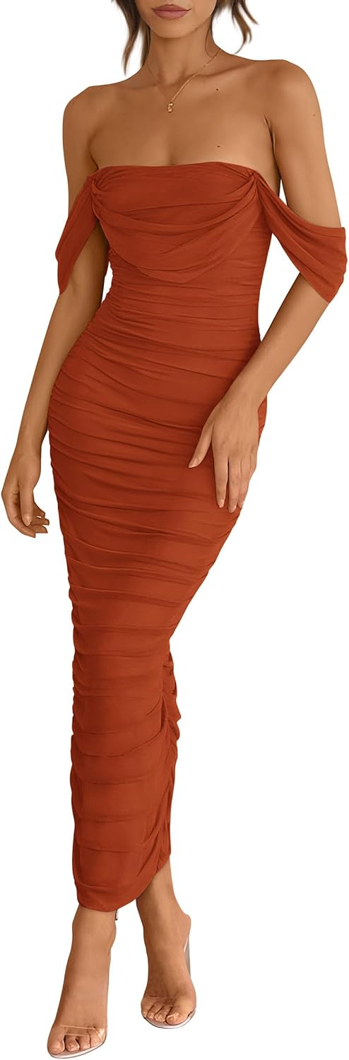 Off-Shoulder Ruched Mesh Maxi Dress with Back Slit in Rust Red