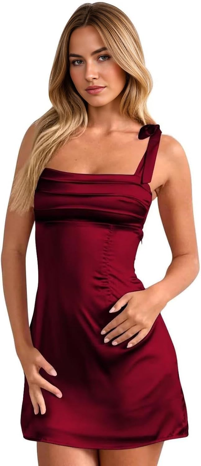 Square-Neck Spaghetti Strap Bodycon Short Dress in Wine Red