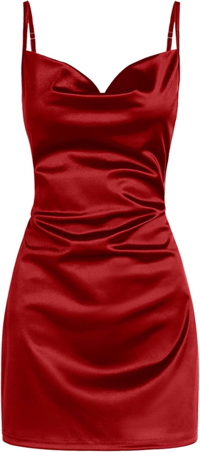 Satin Cowl-Neck Spaghetti Strap Slip Mini Dress in Red