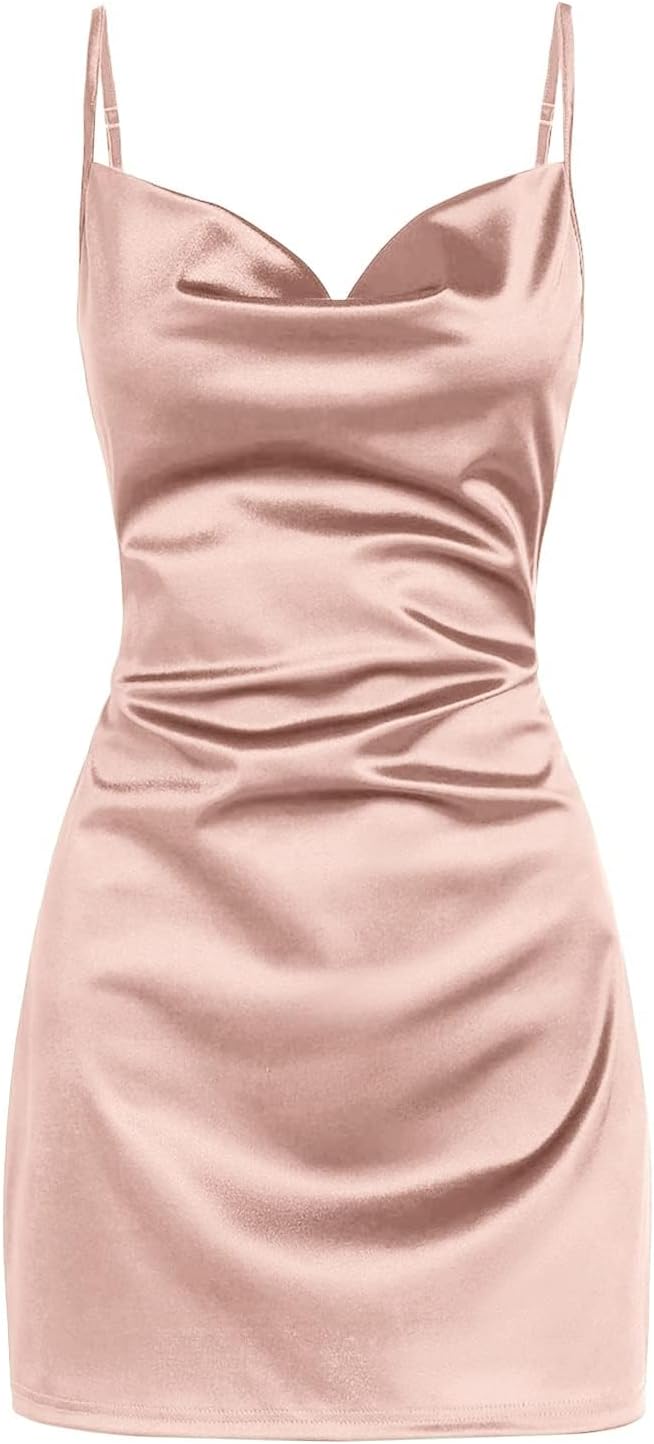 Satin Cowl-Neck Spaghetti Strap Slip Mini Dress in Pink