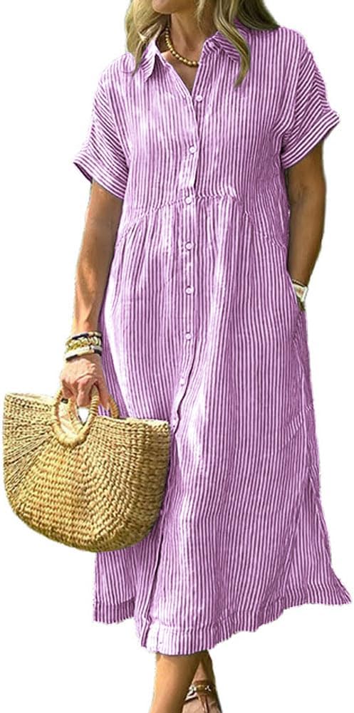 Striped Short-Sleeve Button-Down Midi Shirt Dress in Purple