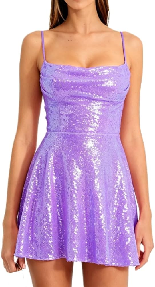 Sequin Spaghetti Strap Slip Mini Dress in E Violet