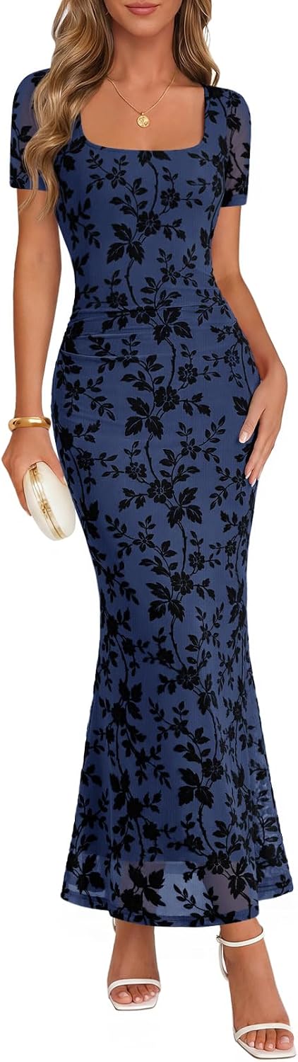 Floral Flocked Mesh Square-Neck Maxi Dress in Navy