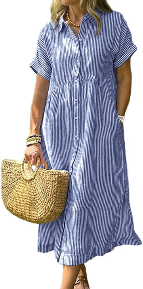 Striped Short-Sleeve Button-Down Midi Shirt Dress in Blue