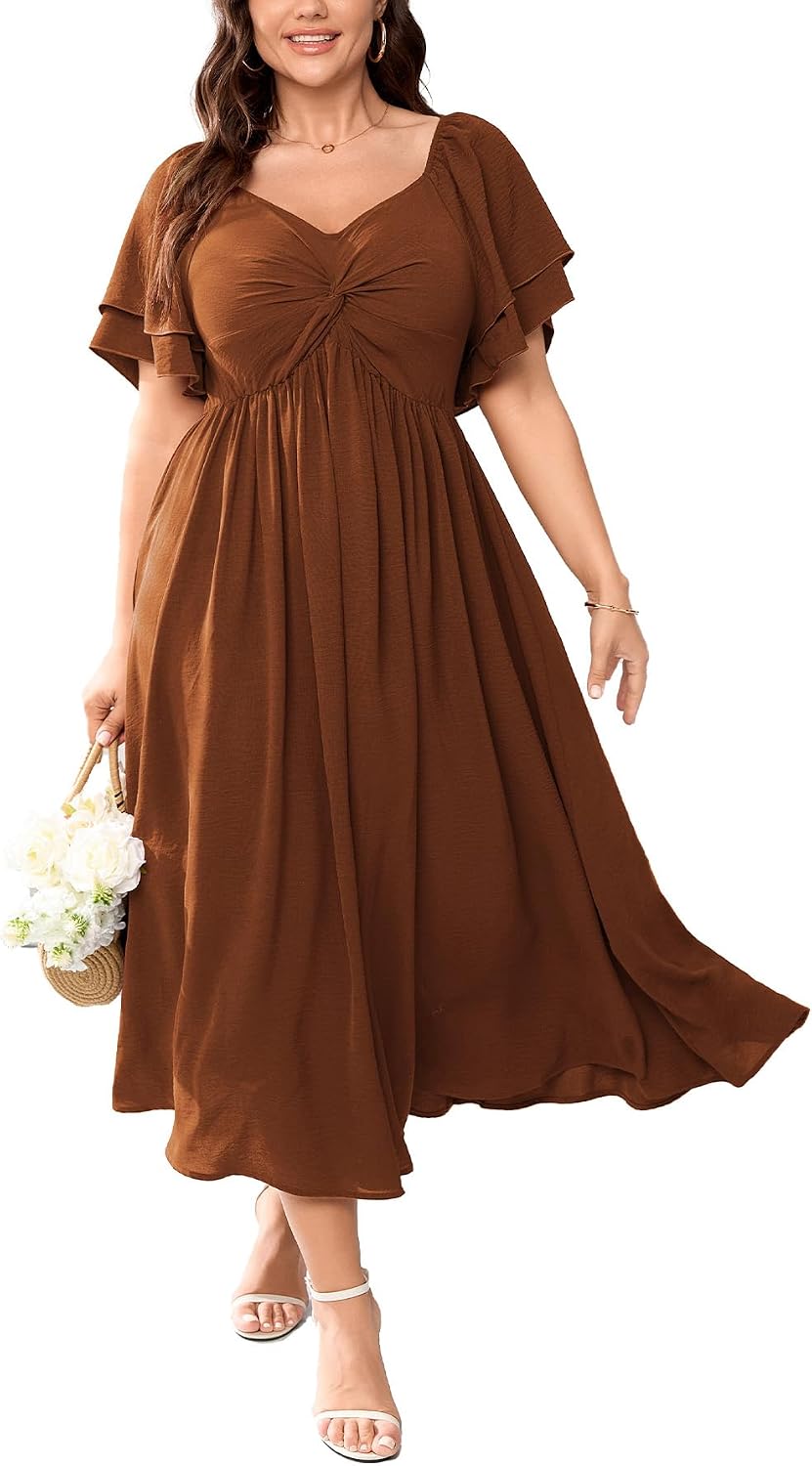 Plus Size Sweetheart Ruffle-Sleeve A-Line Maxi Dress in Rust