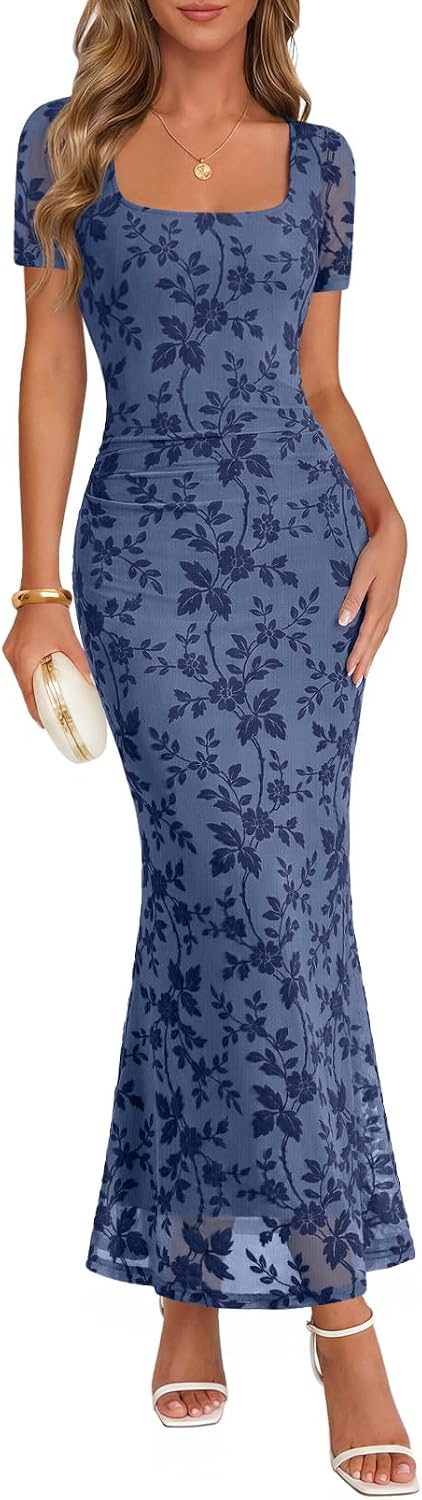 Floral Flocked Mesh Square-Neck Maxi Dress in Dusty Blue