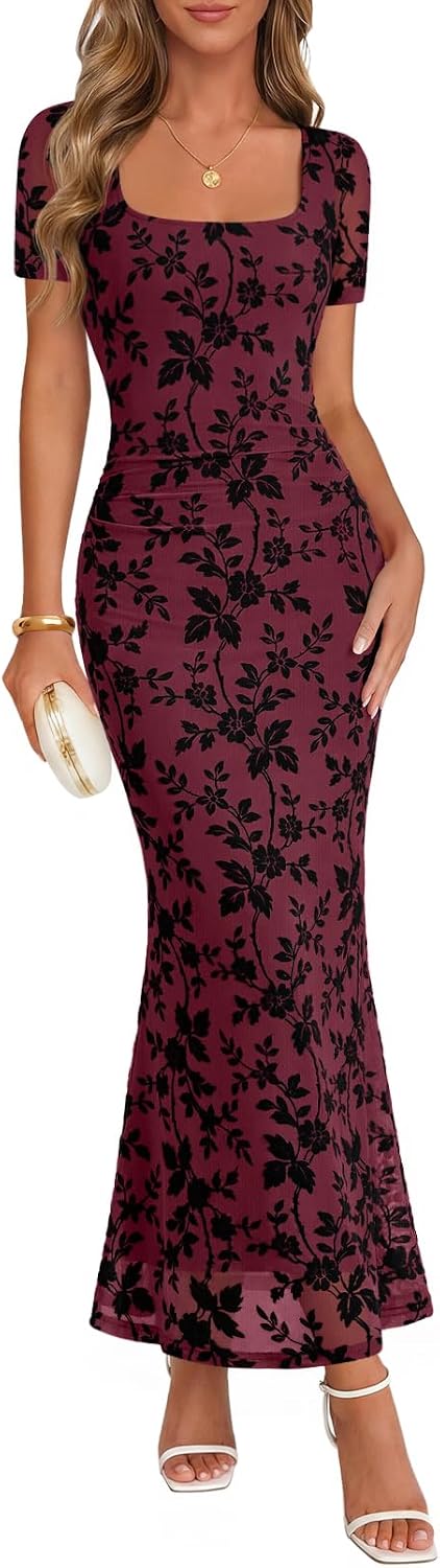 Floral Flocked Mesh Square-Neck Maxi Dress in Burgundy