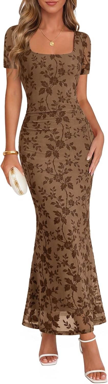 Floral Flocked Mesh Square-Neck Maxi Dress in Brown