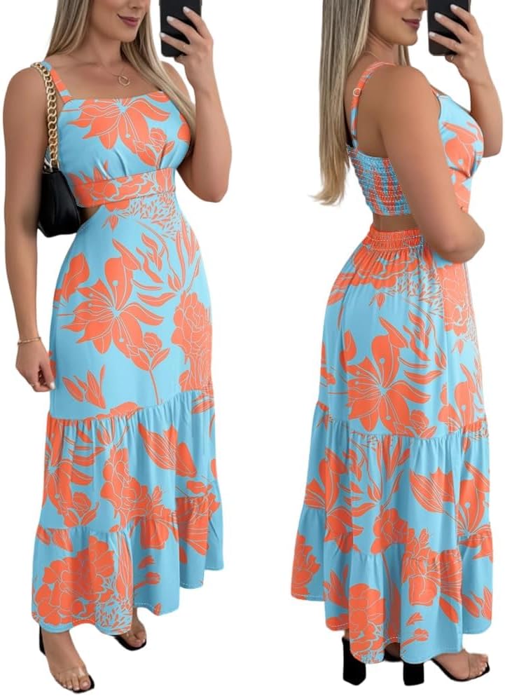 Floral Cut-Out Square-Neck Maxi Sundress in Floral Blue