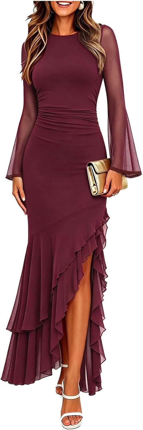 Ruched Mesh Long-Sleeve Mermaid Maxi Dress in Wine Red