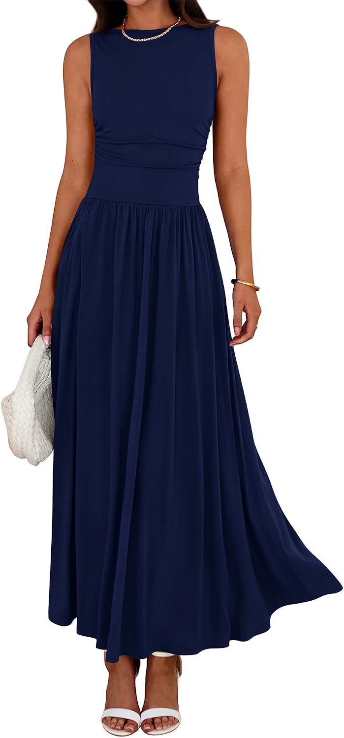 Crew-Neck Ruched Tank Maxi Dress in Navy