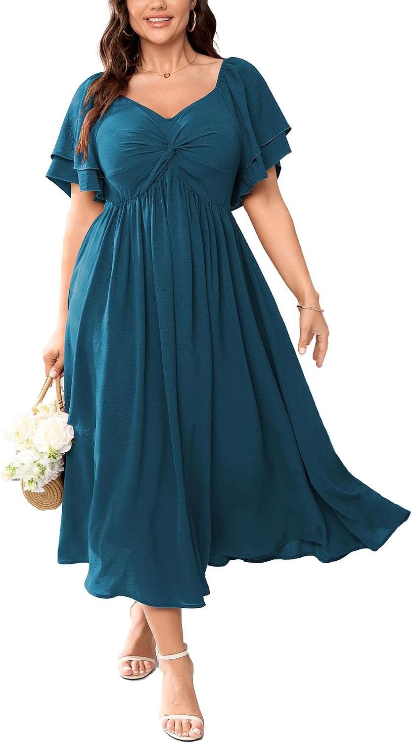 Plus Size Sweetheart Ruffle-Sleeve A-Line Maxi Dress in Teal