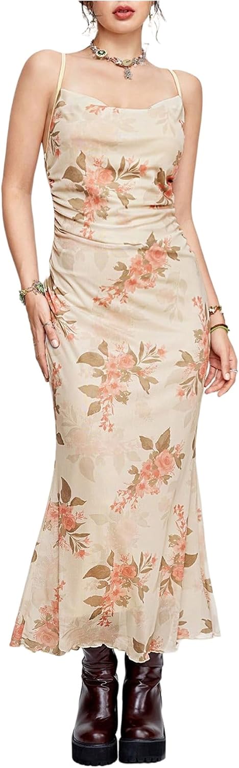 Floral Mesh Cowl-Neck Cami Maxi Dress in Dusty Pink Floral Print