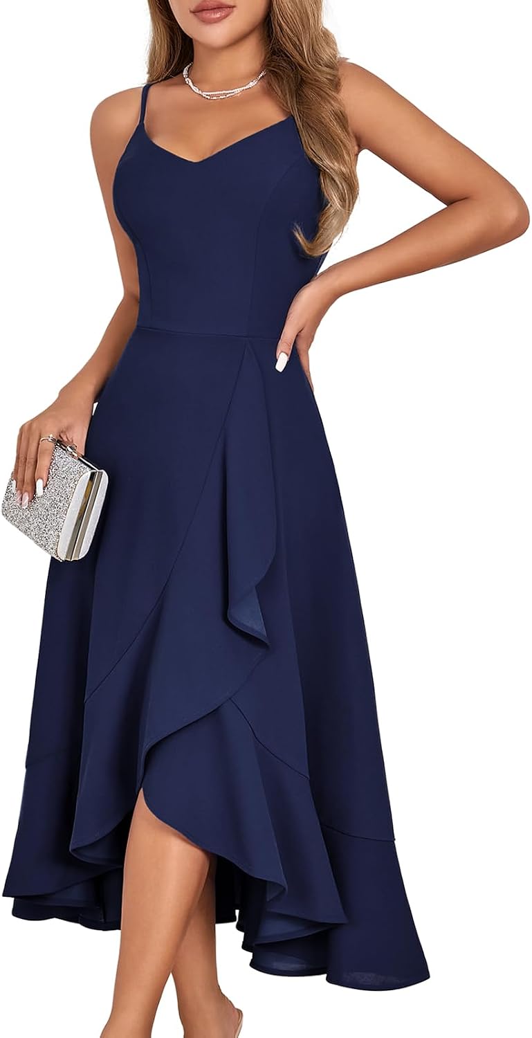Ruffle High-Low Spaghetti Strap Cocktail Dress in Navy
