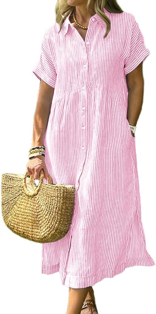 Striped Short-Sleeve Button-Down Midi Shirt Dress in Pink
