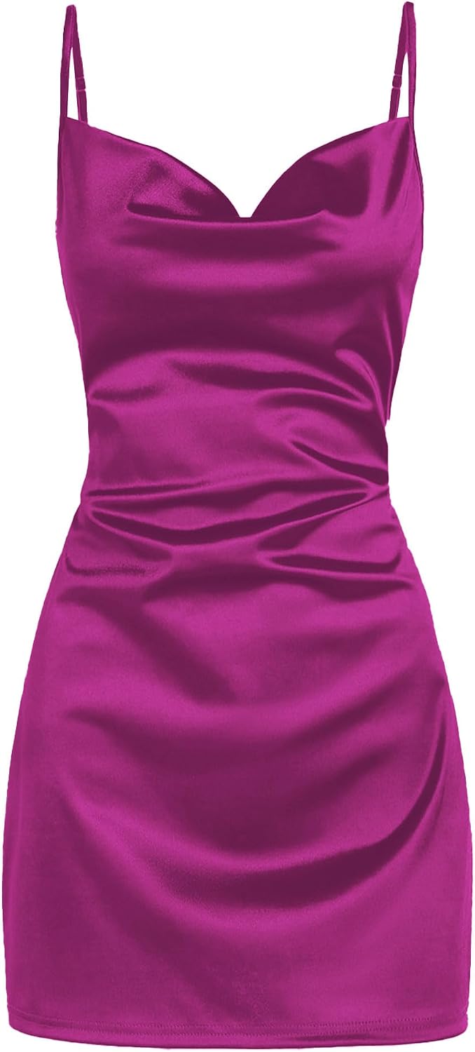 Satin Cowl-Neck Spaghetti Strap Slip Mini Dress in Purple Red