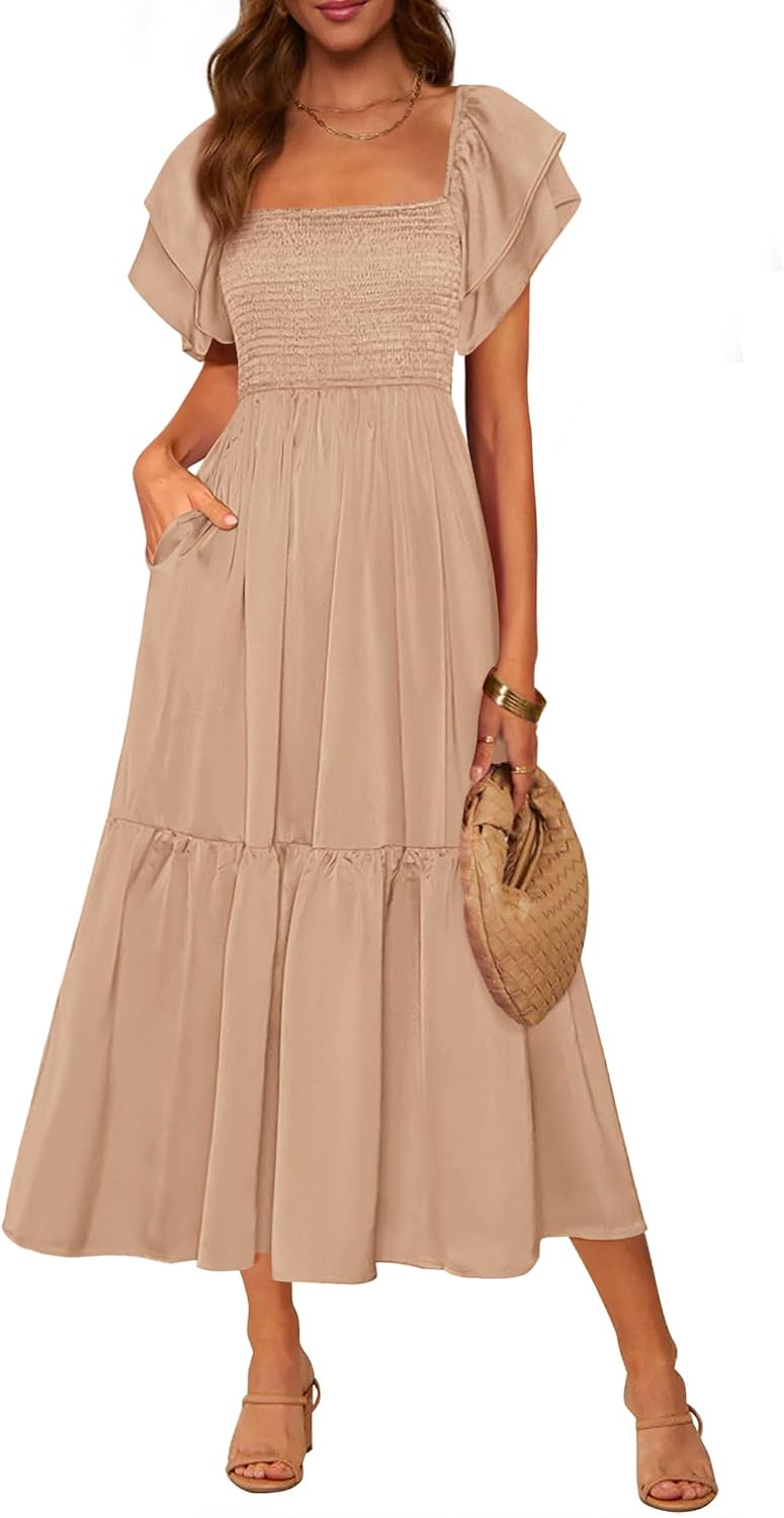 Smocked Square-Neck Ruffle-Sleeve Tiered Midi Dress in Khaki