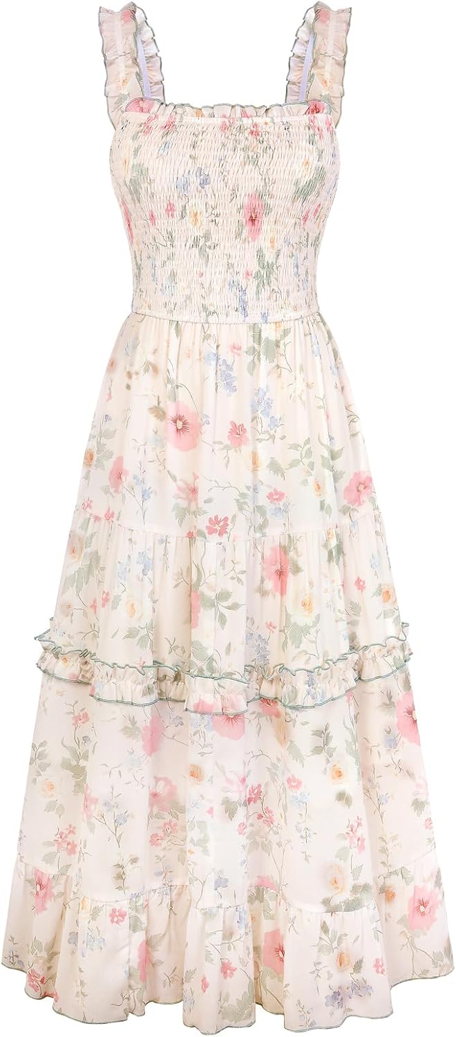 Floral Smocked Square-Neck Tiered Sundress in Pink Green Floral